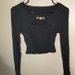 Elegant Black Long Sleeve Top with Rose Gold Metal Detail